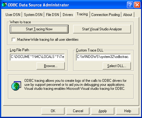 ODBC Data Source Administrator Tracing
                Dialog