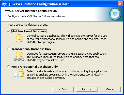 MySQL Server Instance Configuration
            Wizard: Usage Dialog