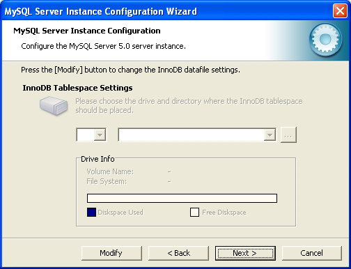 MySQL Server Instance Configuration
            Wizard: InnoDB Data Tablespace