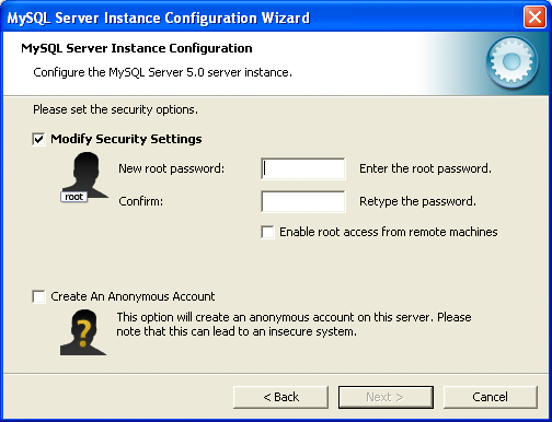 MySQL Server Instance Configuration
            Wizard: Security