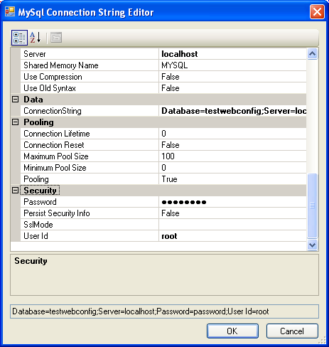 MySQL Website Configuration Tool -
          Connection String Editor
