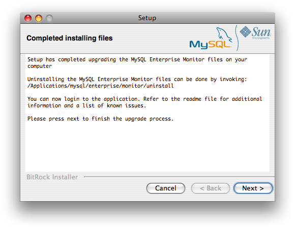 MySQL Enterprise Monitor: Server
                  Update: Completed installing files