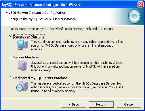 MySQL Server Instance Config Wizard: Server
          Type